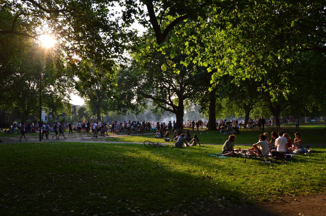 People sitting in parks in a group
